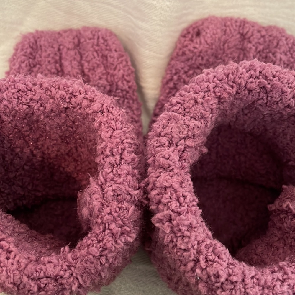 Cozy Knit Slippers, mauve/purple color, small, soft and cozy with bottom pads.